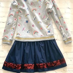 Mini Boden Fun Jersey Woven Dress with Marl Disco and Sequins details